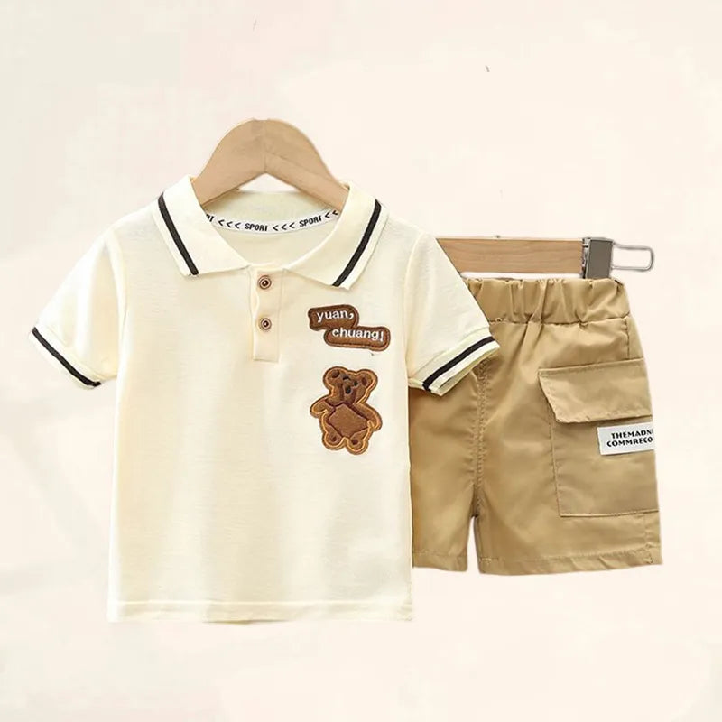 Baby's summer clothing set, short-sleeved t-shirt with bear embroidery and shorts for 1 to 5 years