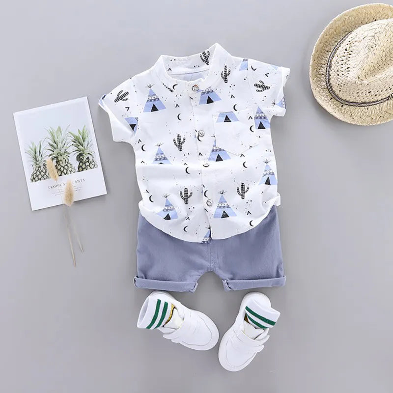 Baby Clothing Set, Printed Short Sleeve Shirt and Shorts for Boy 0 to 4 Years Summer Outfit Set