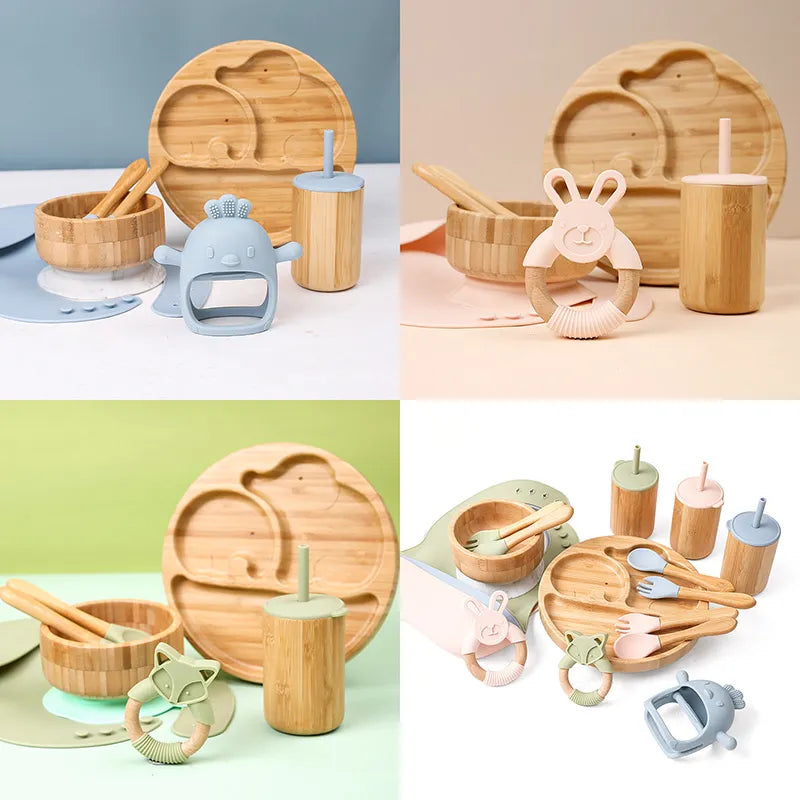 Feeding set with 7 bamboo wooden pieces for baby
